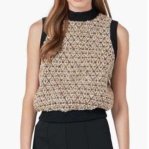 Tweed Sleeveless Top Women Large Beige Structured Mock Neck Lined